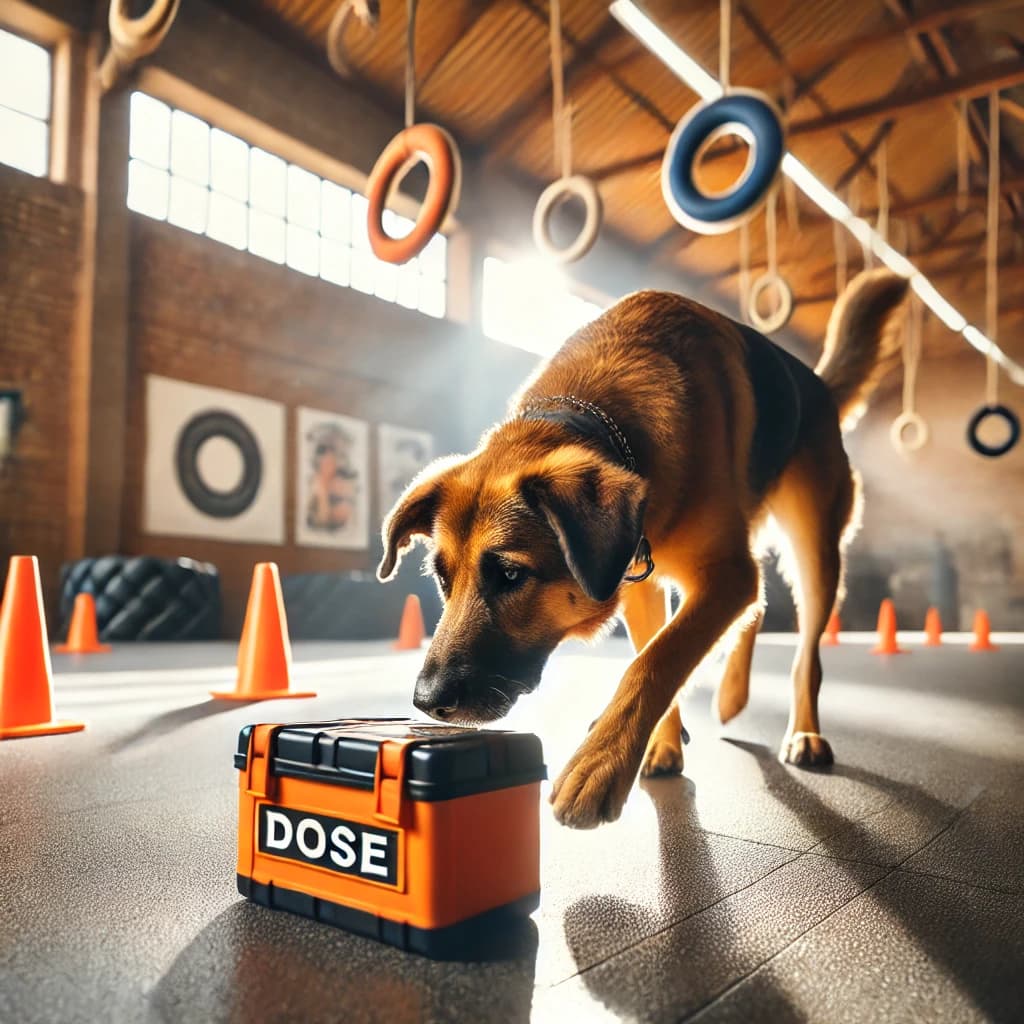 Perro en acción durante una prueba de Nosework Trial